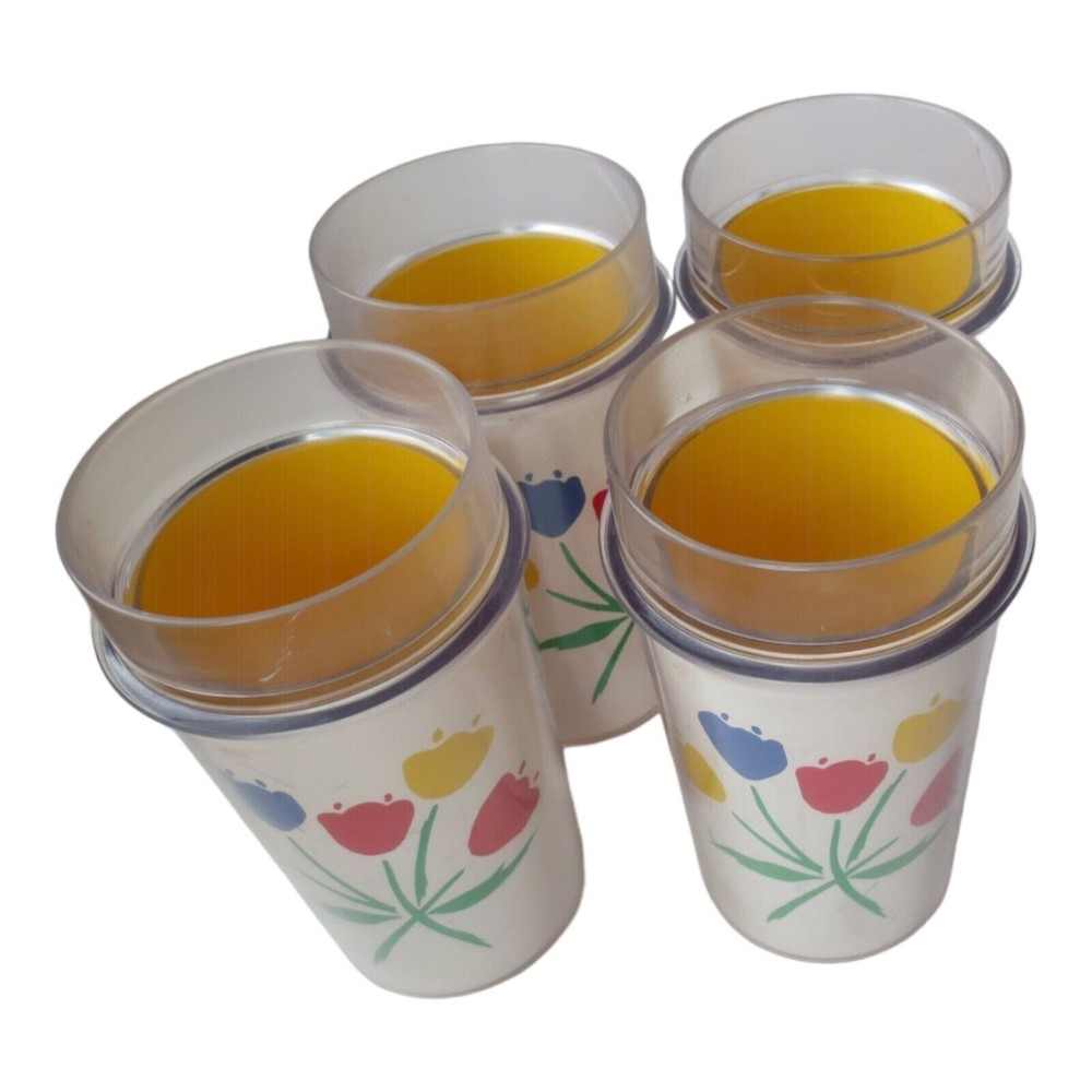 4 Thermo-Serve Plastic Cups Tulips Flower Faces 1984 Insulated Tumblers 12 Oz